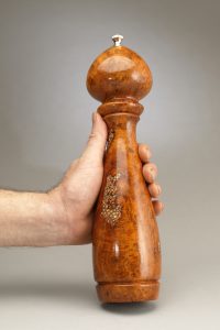 Reference of 12" and 10" cherry burl salt and peppermills with salt and peppercorn inlay by Ted Sokolowski