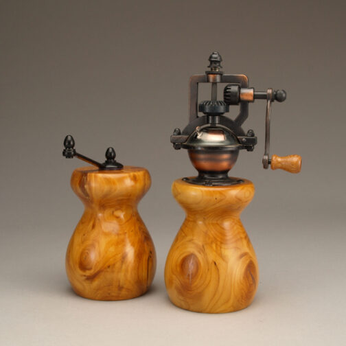Olive Wood Salt Mill and Peppermill set w Copper inlay by Ted Sokolowski
