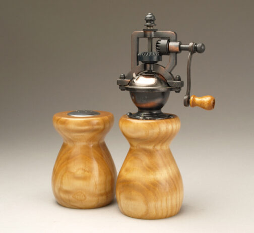 Antique Peppermill and salt shaker set in Curly Ash