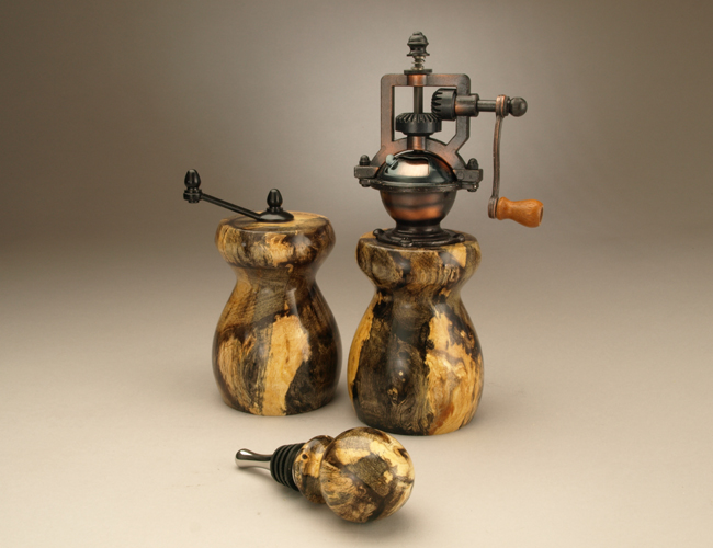 Antique Peppermill and saltmill and free stopper from spalted grapevine